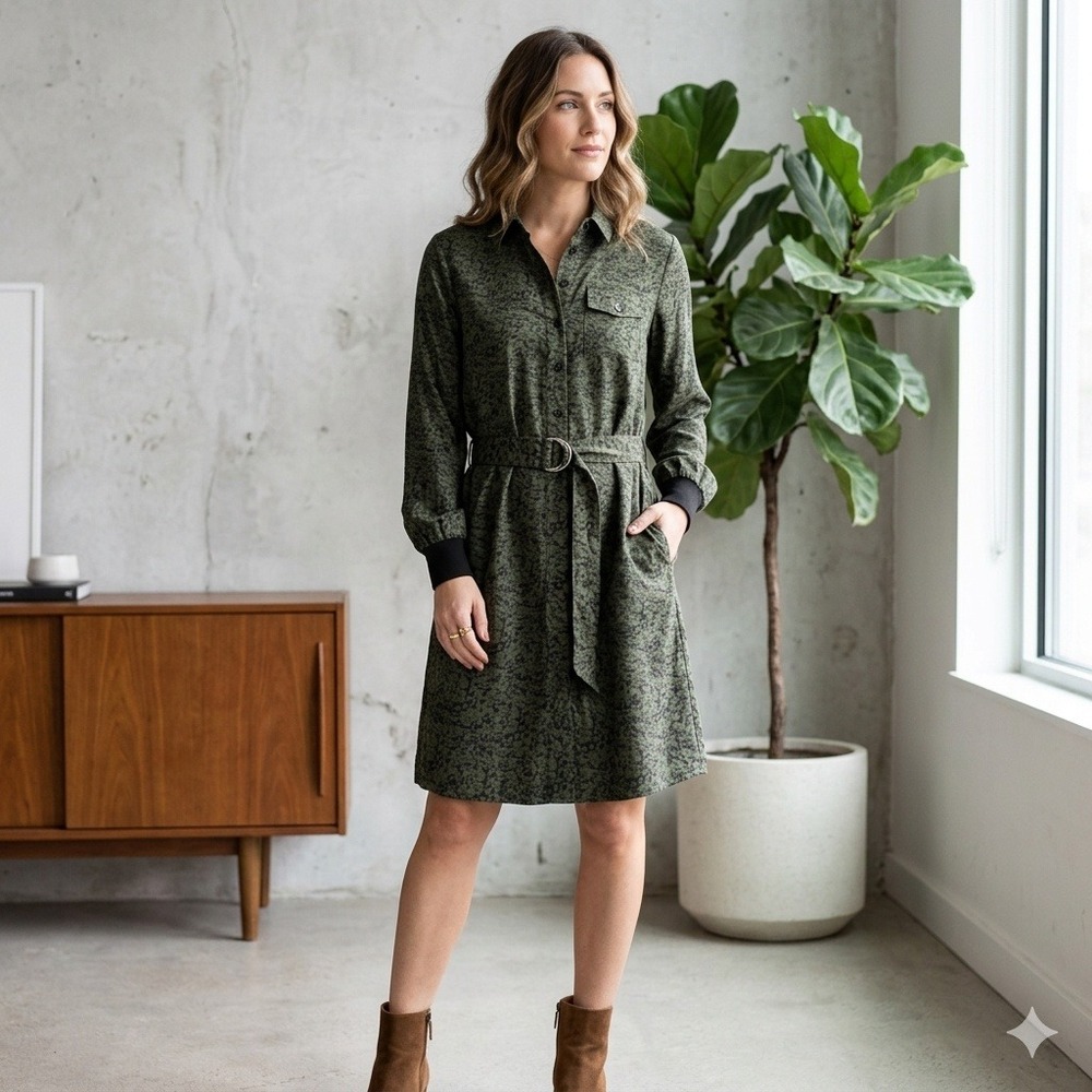 Ecru Green Abstract Print Belted Shirt Dress Womens Size S Collared Contemporary